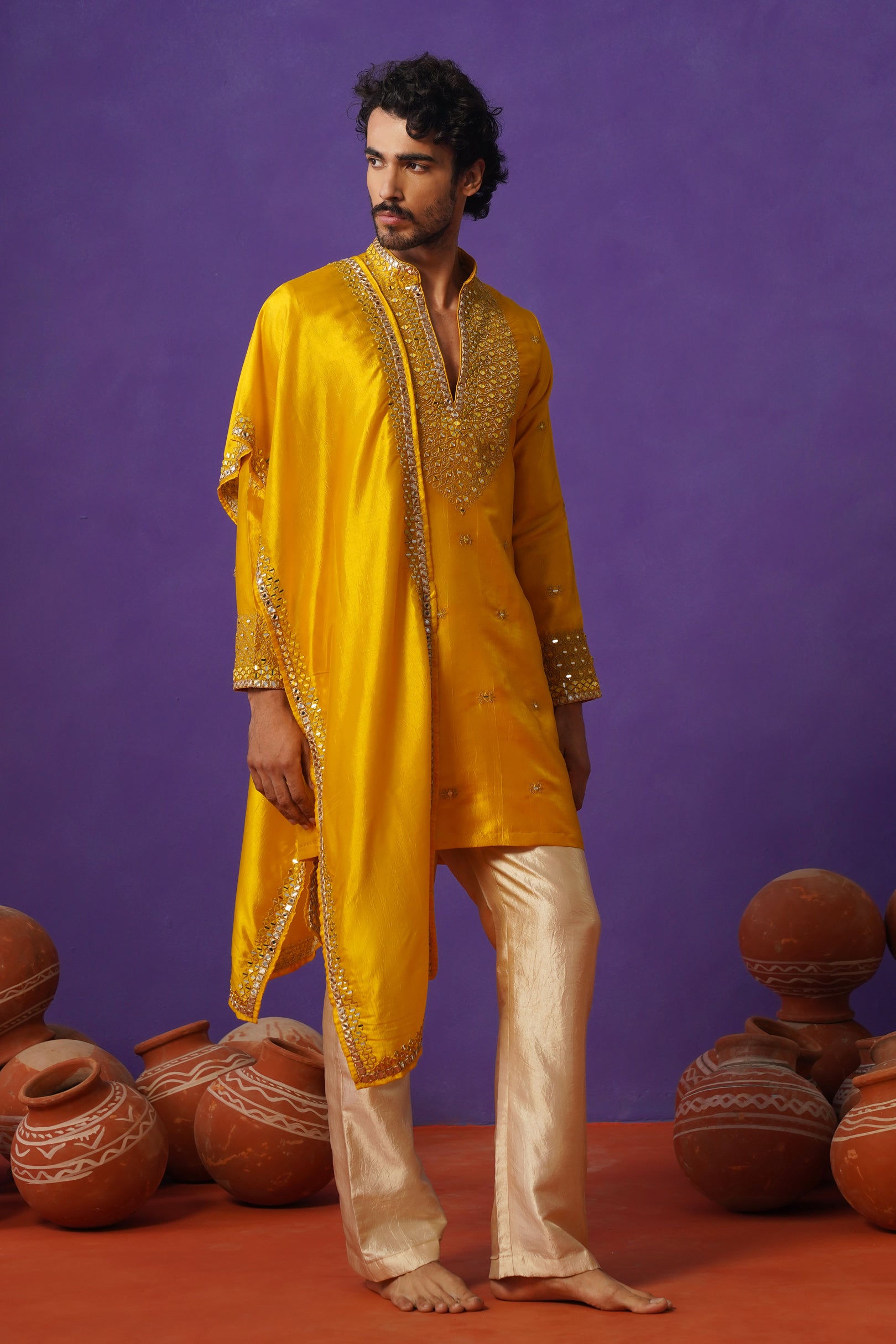 ZOHAYR HALDI V-NECK MIRROR KURTA DUPATTA SET