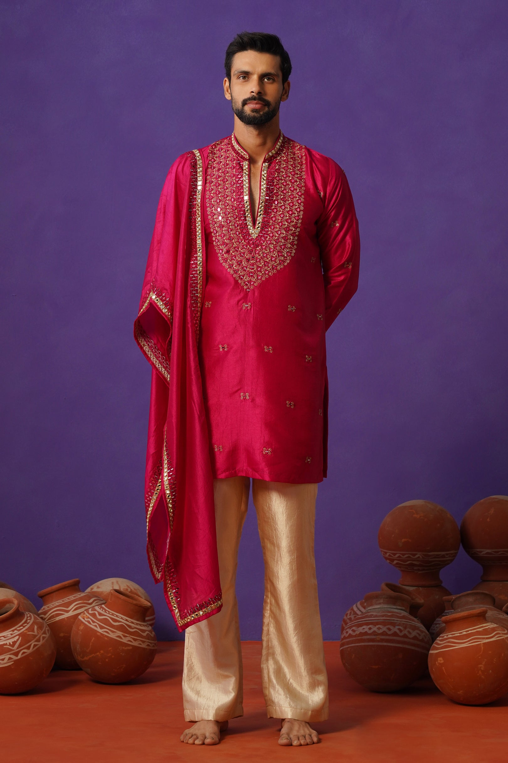 ZOHAYR HOT PINK V-NECK MIRROR KURTA DUPATTA SET