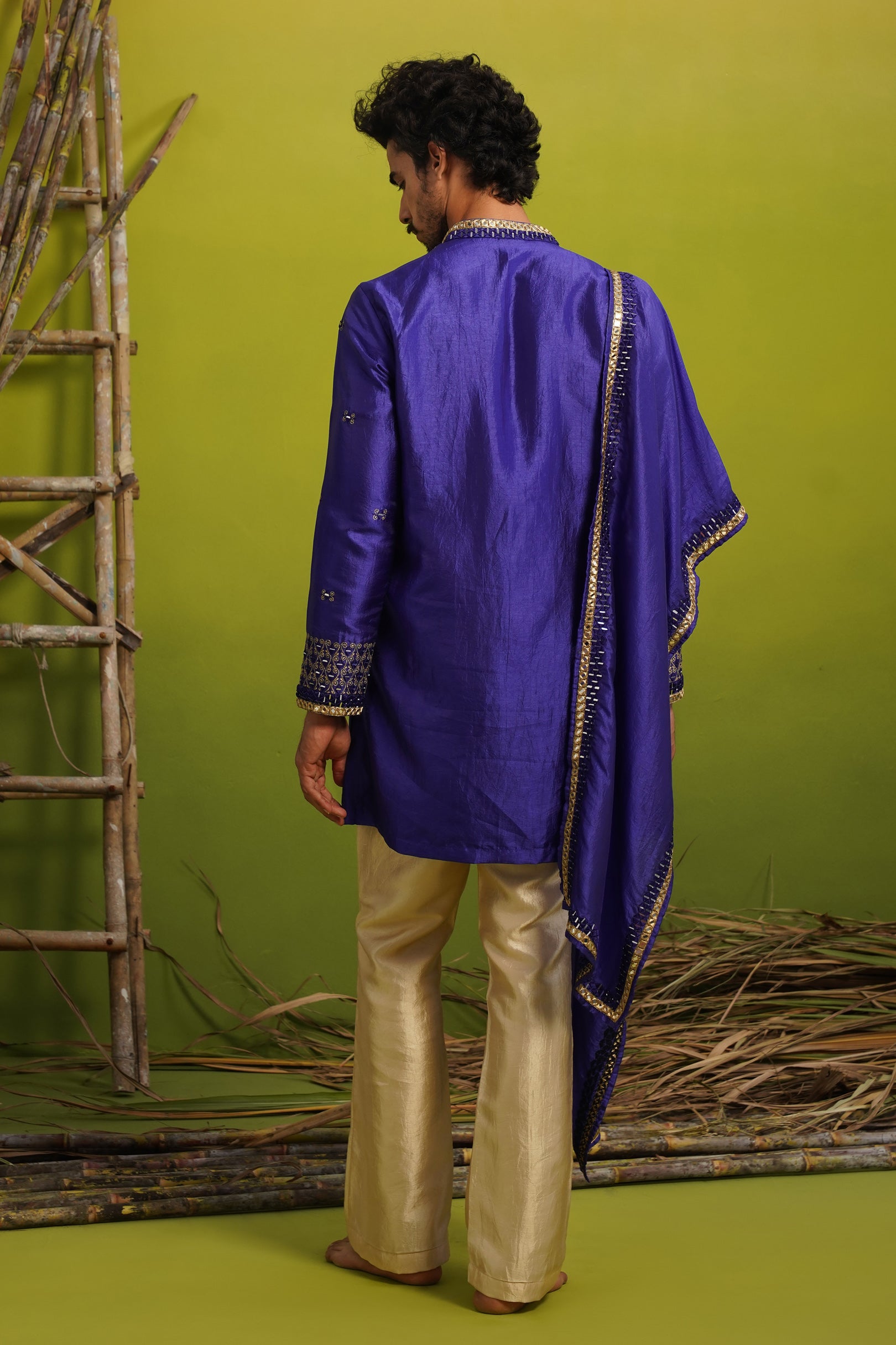 ZOHAYR ROYAL BLUE V-NECK MIRROR KURTA DUPATTA SET