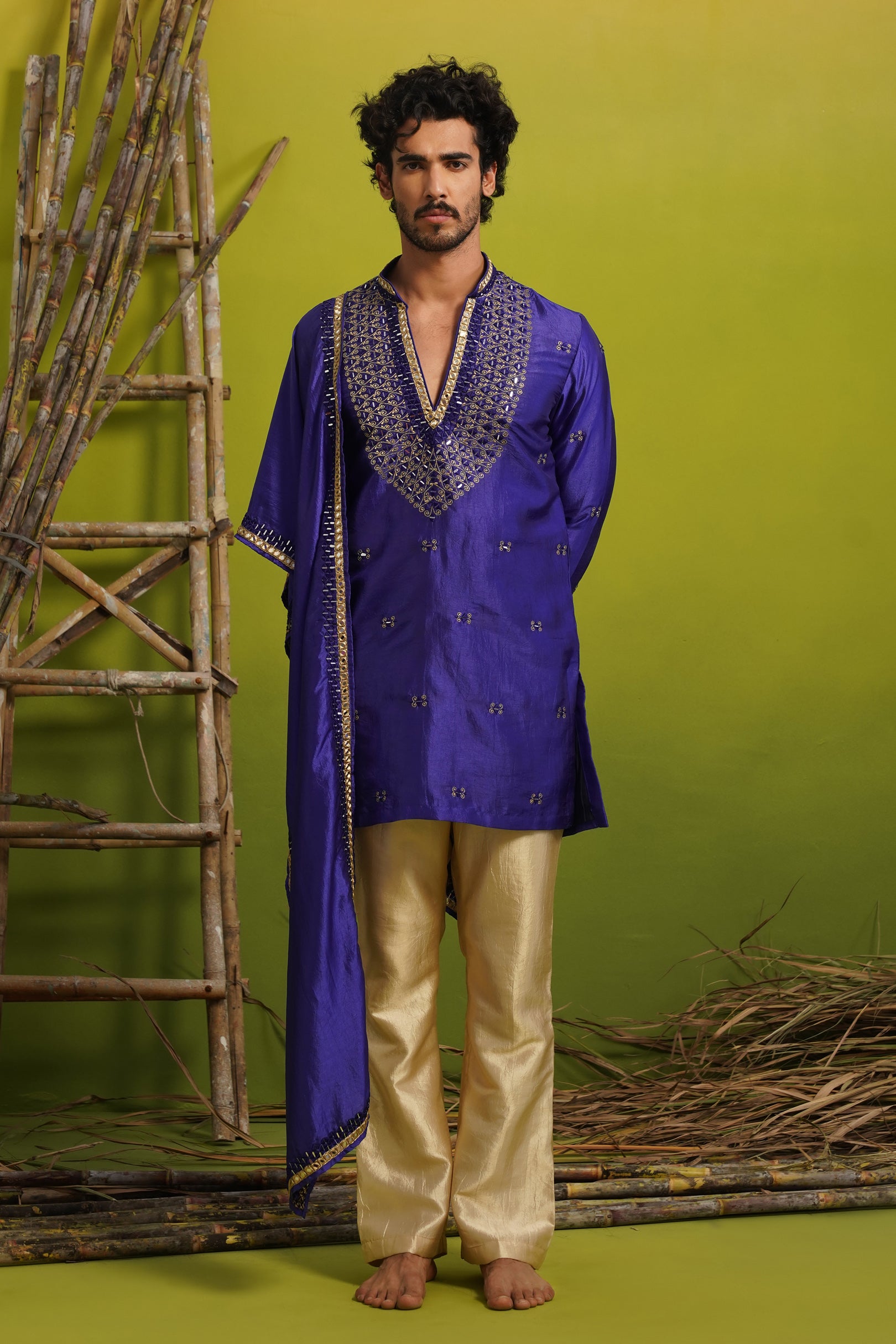 ZOHAYR ROYAL BLUE V-NECK MIRROR KURTA DUPATTA SET