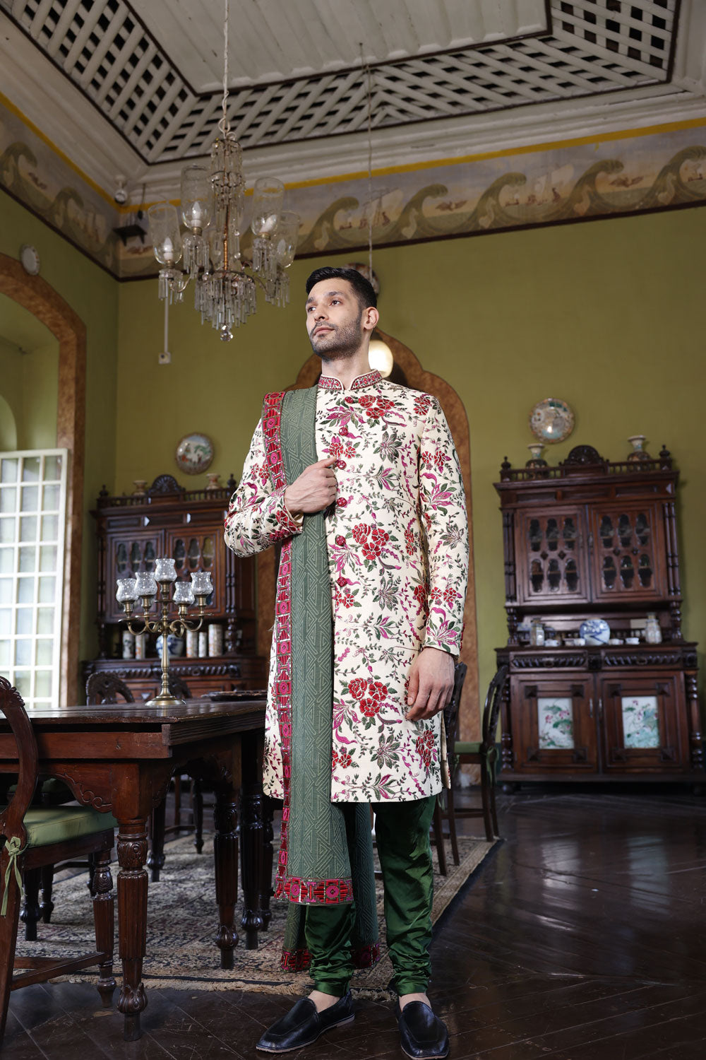 Ivory Jaal Sherwani, Ivory Kurta, Churidar and Green Stole
