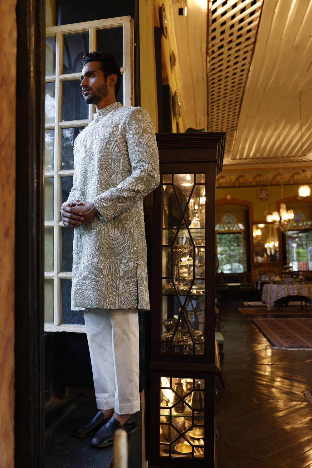 Hand Embroidered Sherwani, Straight Fit Kurta, Pants