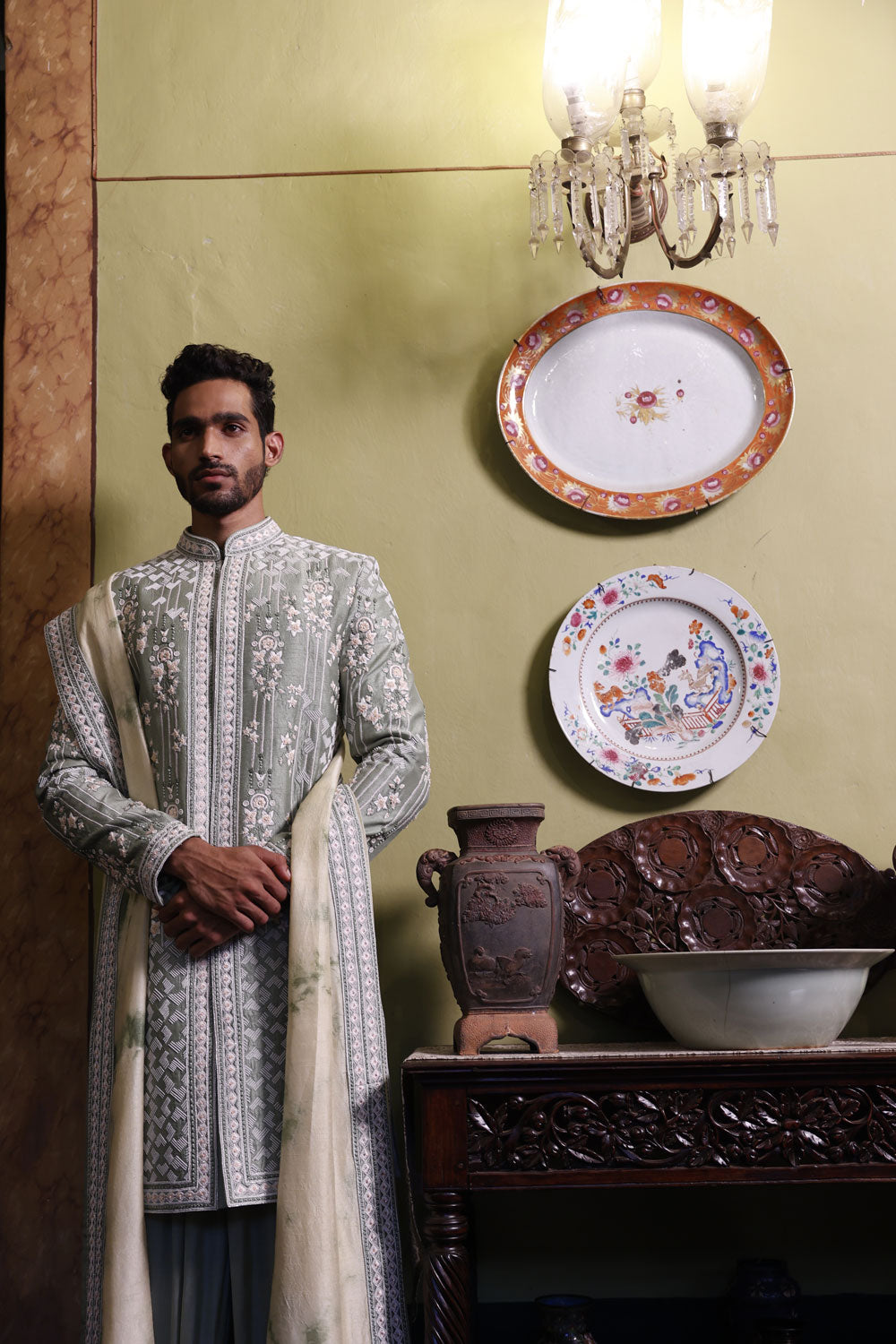 Embroidered Sherwani with Sage Kurta and Salwar and Tie Dye Stole