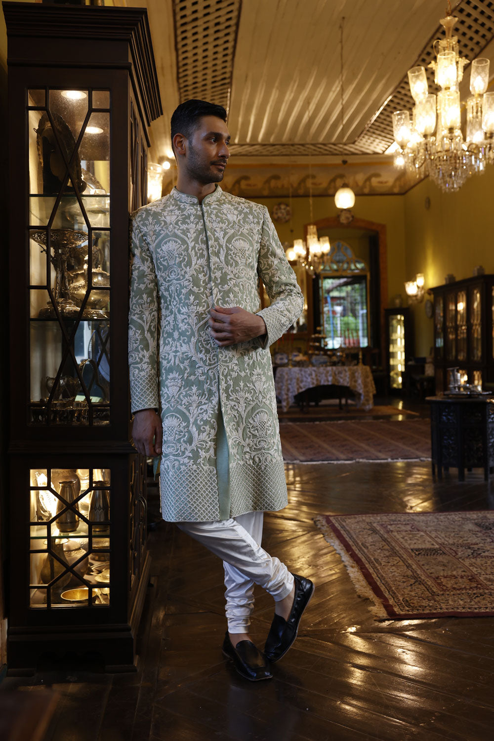 Embroidered Sherwani with Sage Kurta and White Salwar