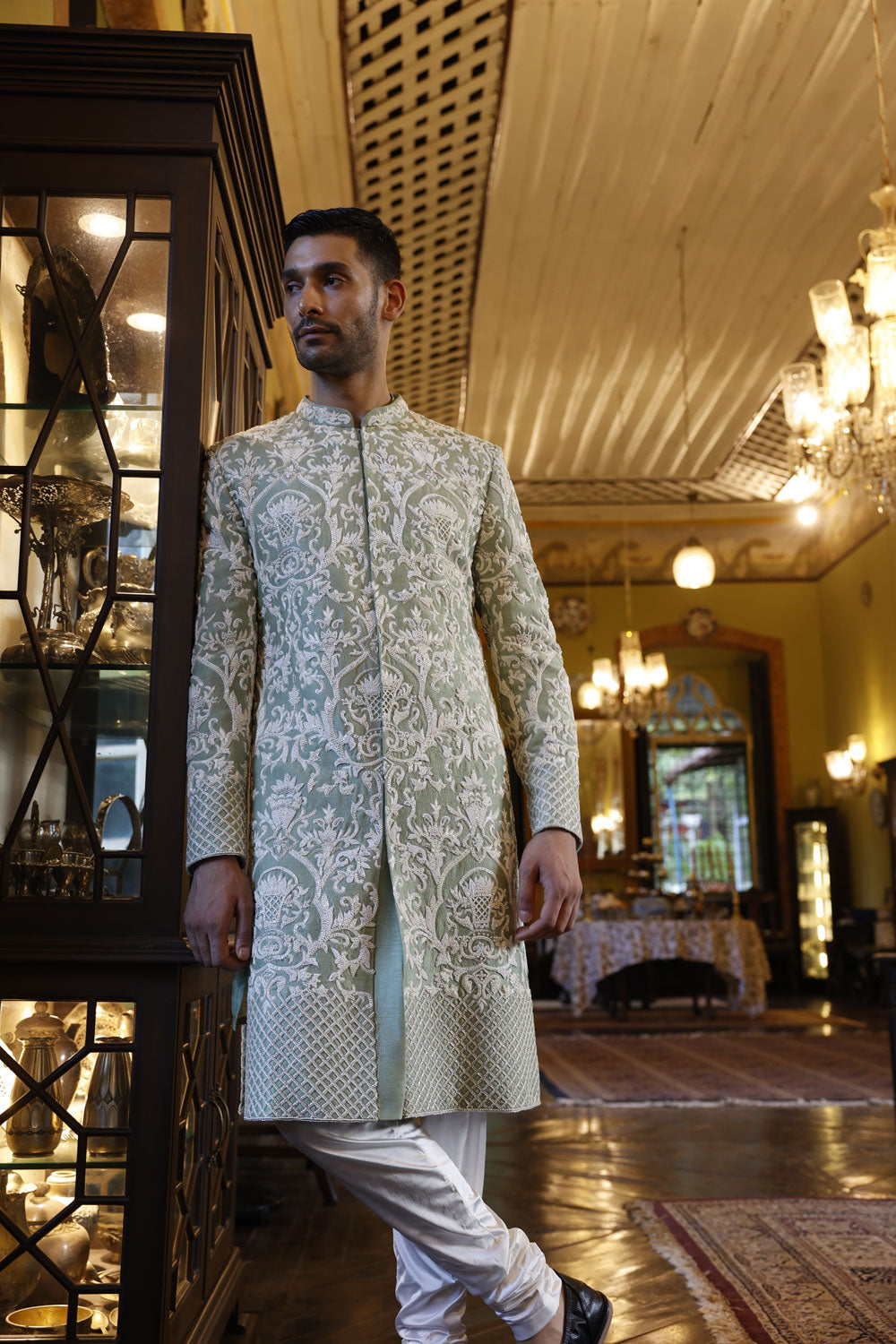 Embroidered Sherwani with Sage Kurta and White Salwar
