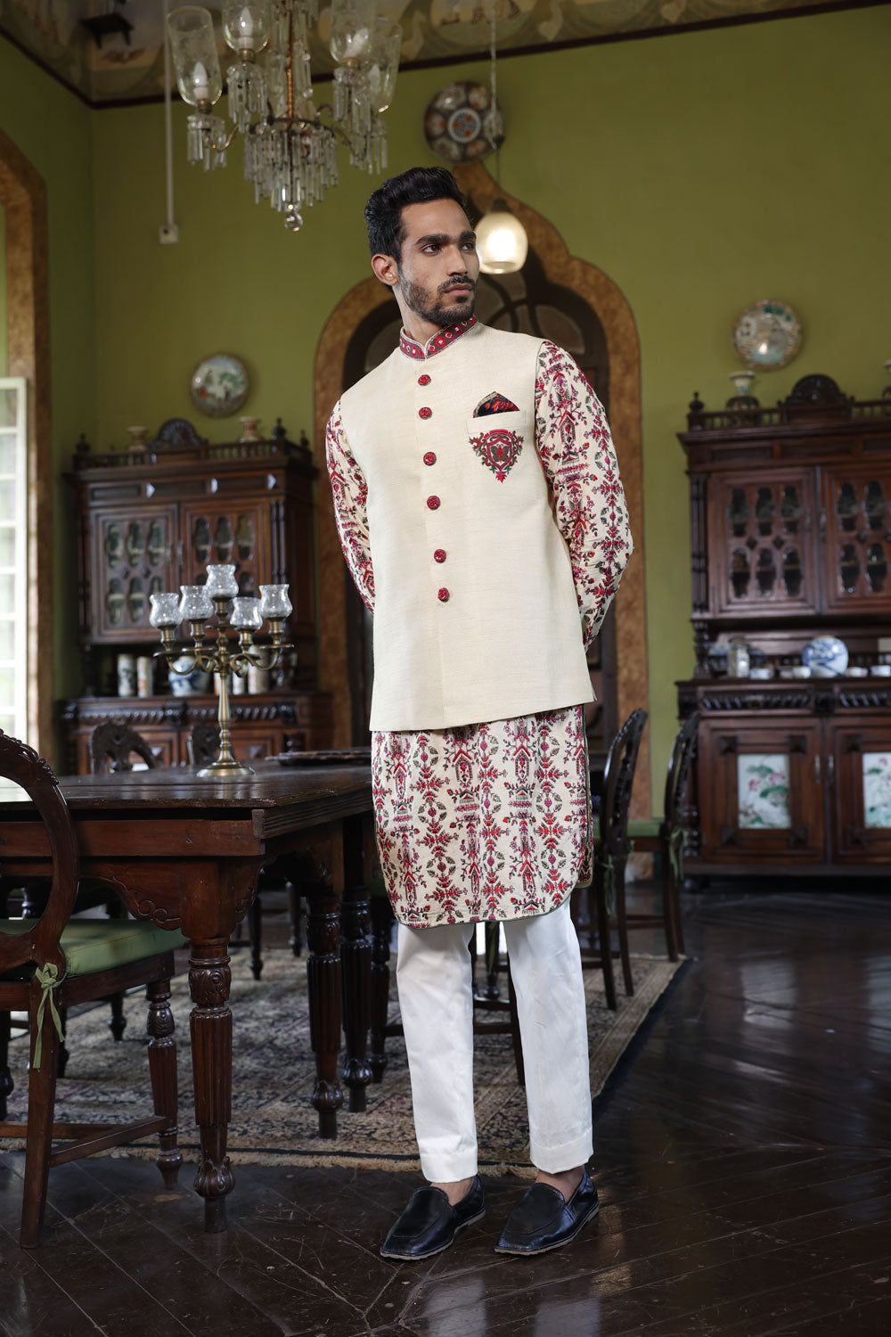 Bundi with threadwork Kurta and White Pants