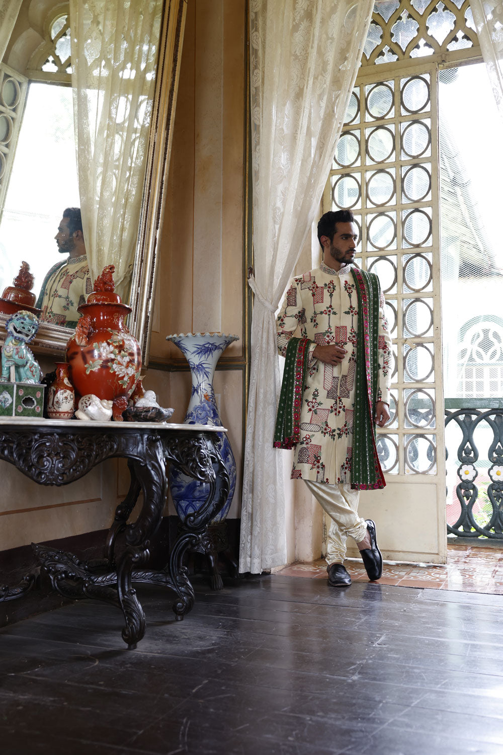 Ivory Embroidered Sherwani with Kurta, Churidar and Stole