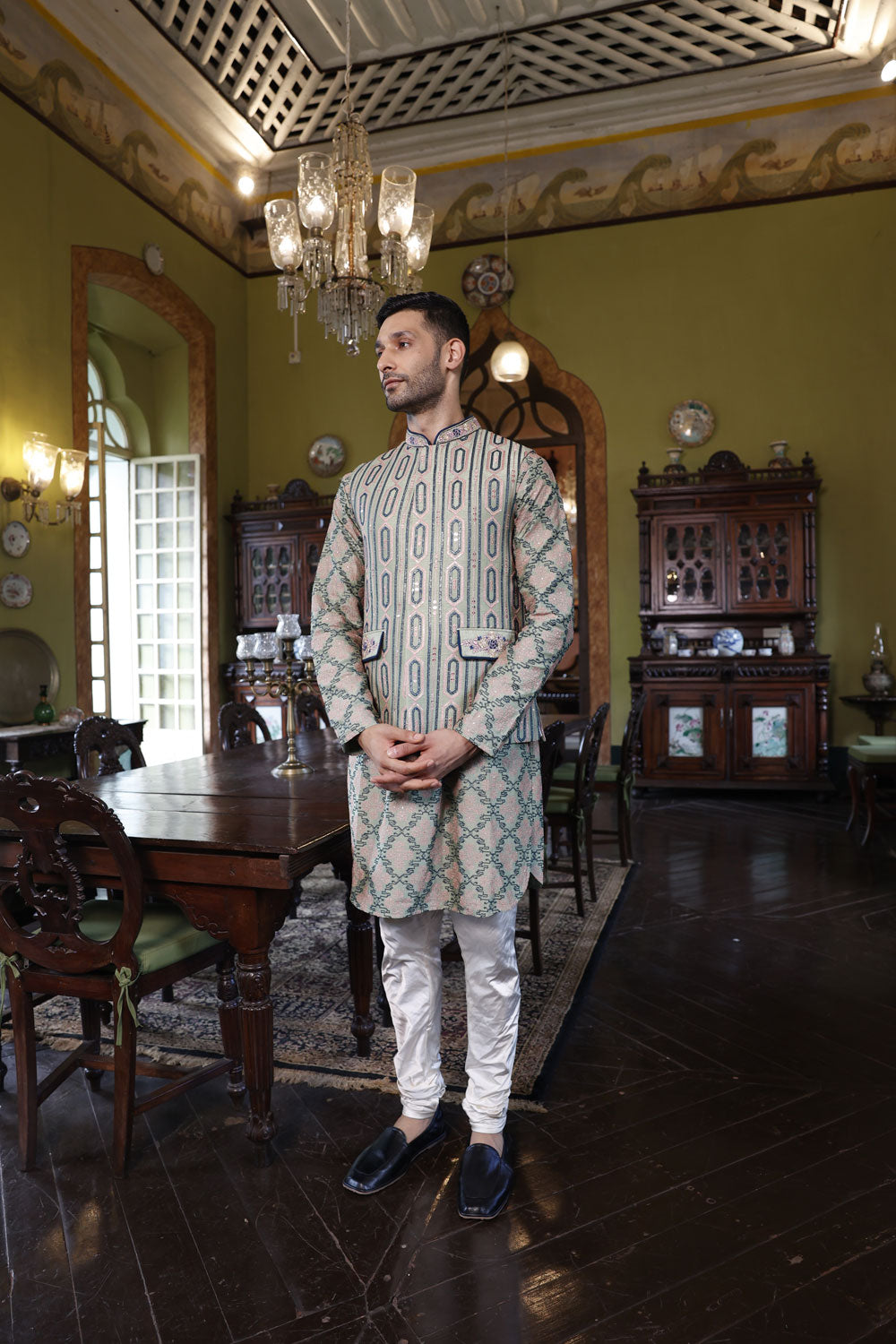 Sage Green Embroidered Bundi, Kurta and Chuidar