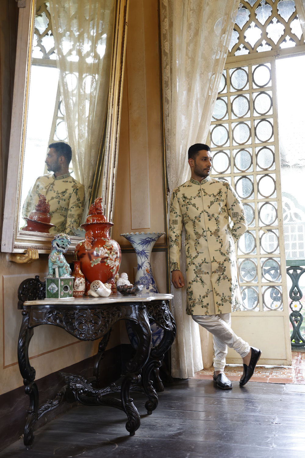 Ivory Embroidered Sherwani with Kurta and Churidar