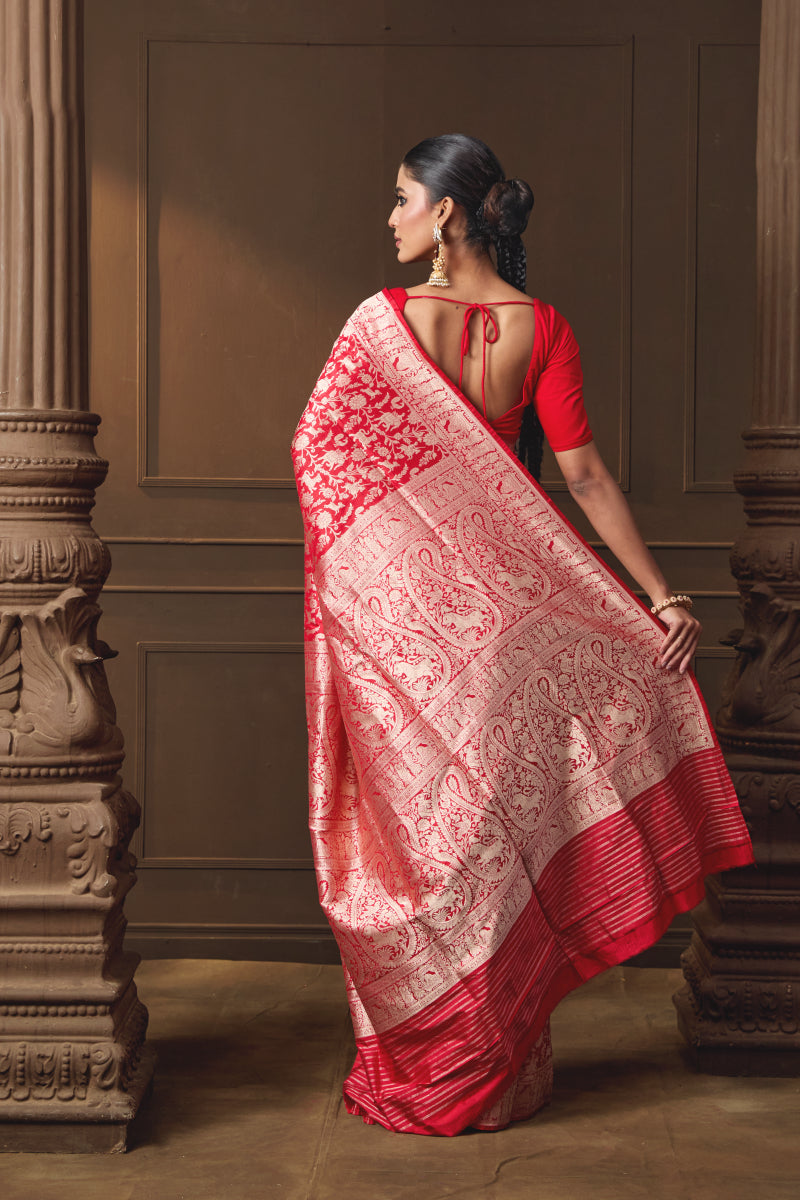 Red Shikargah Silk Saree