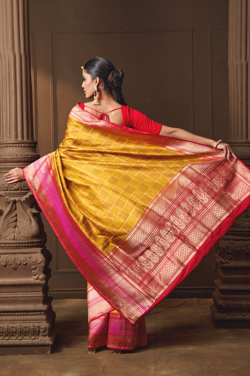 Yellow Geometric Woven Silk Saree