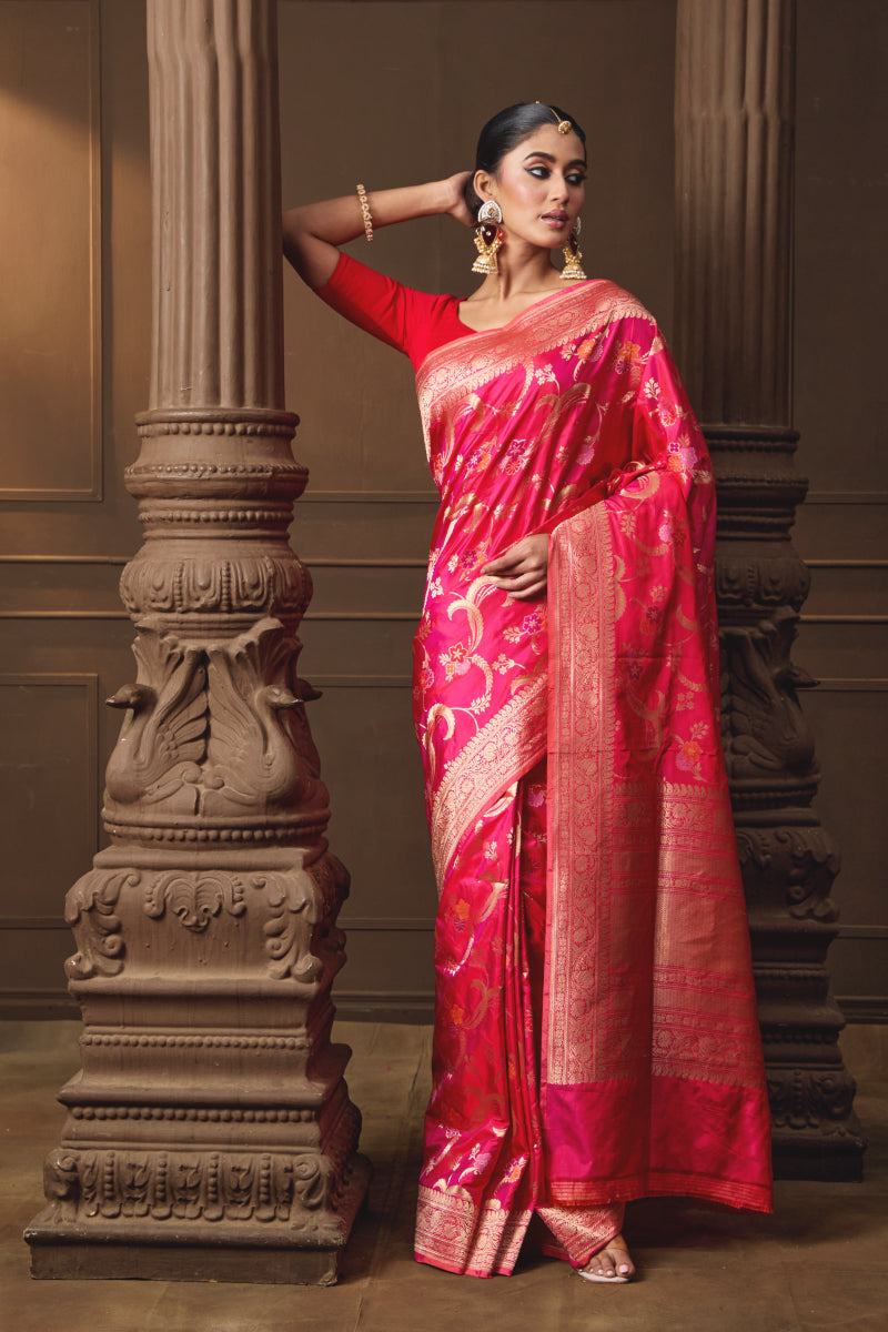 Pink Banarsi Silk Multicoloured Jaal Saree