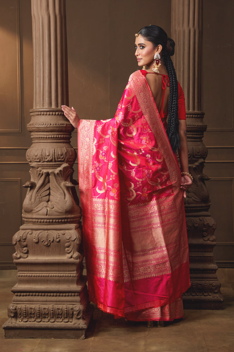 Pink Banarsi Silk Multicoloured Jaal Saree