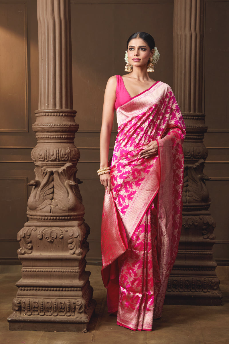 Pink Handwoven Banarsi Silk Jaal Saree