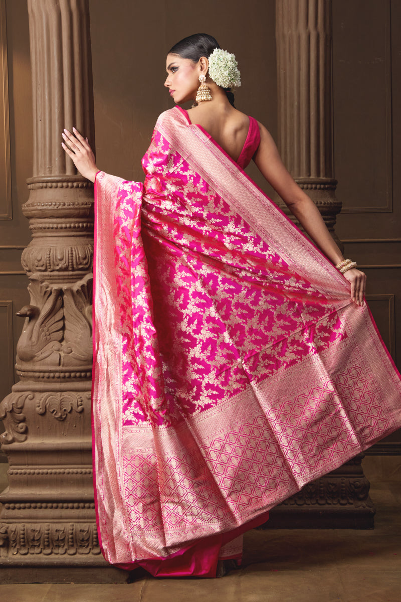 Pink Handwoven Banarsi Silk Jaal Saree