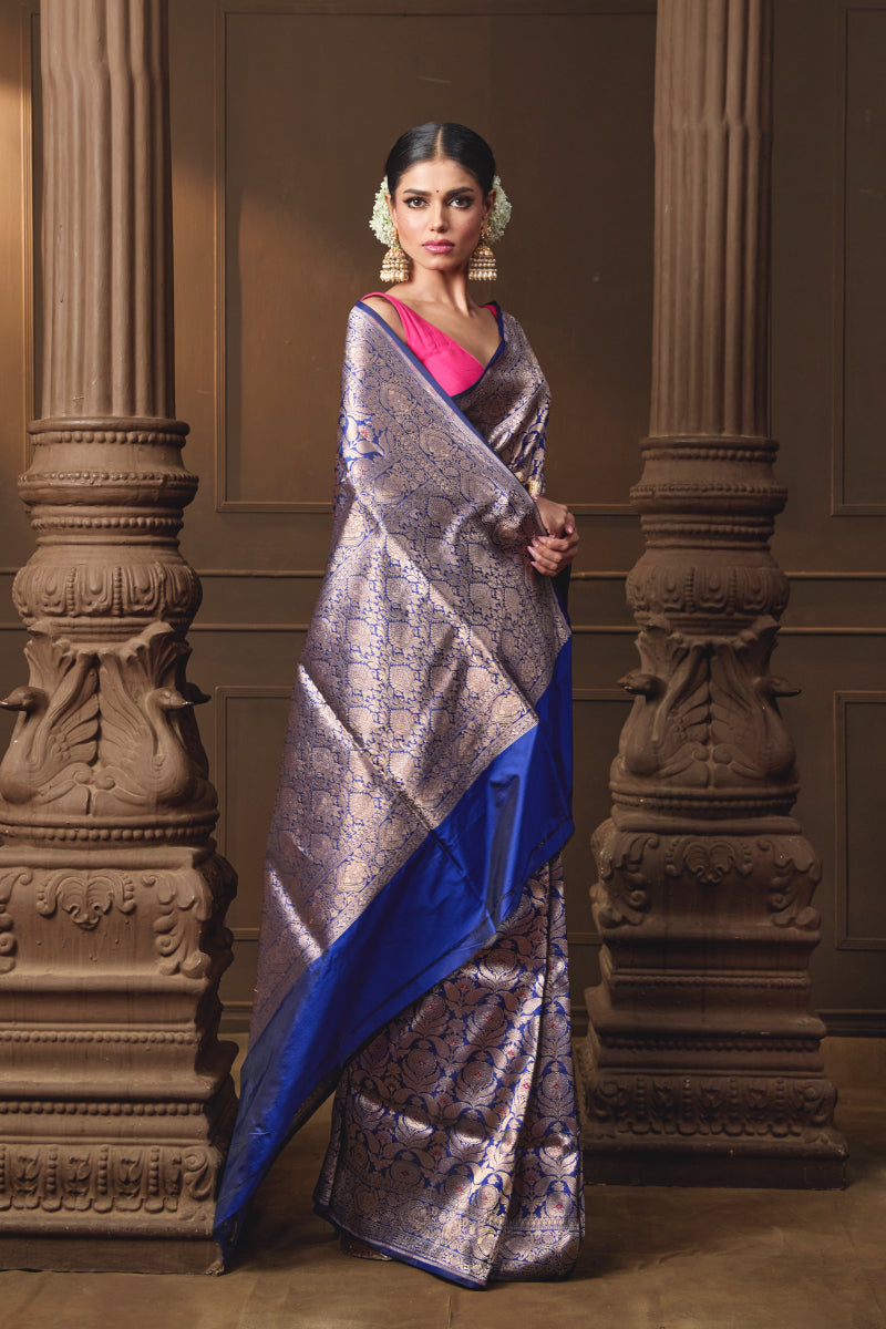 Blue Banarsi Silk Woven Meenakari Saree