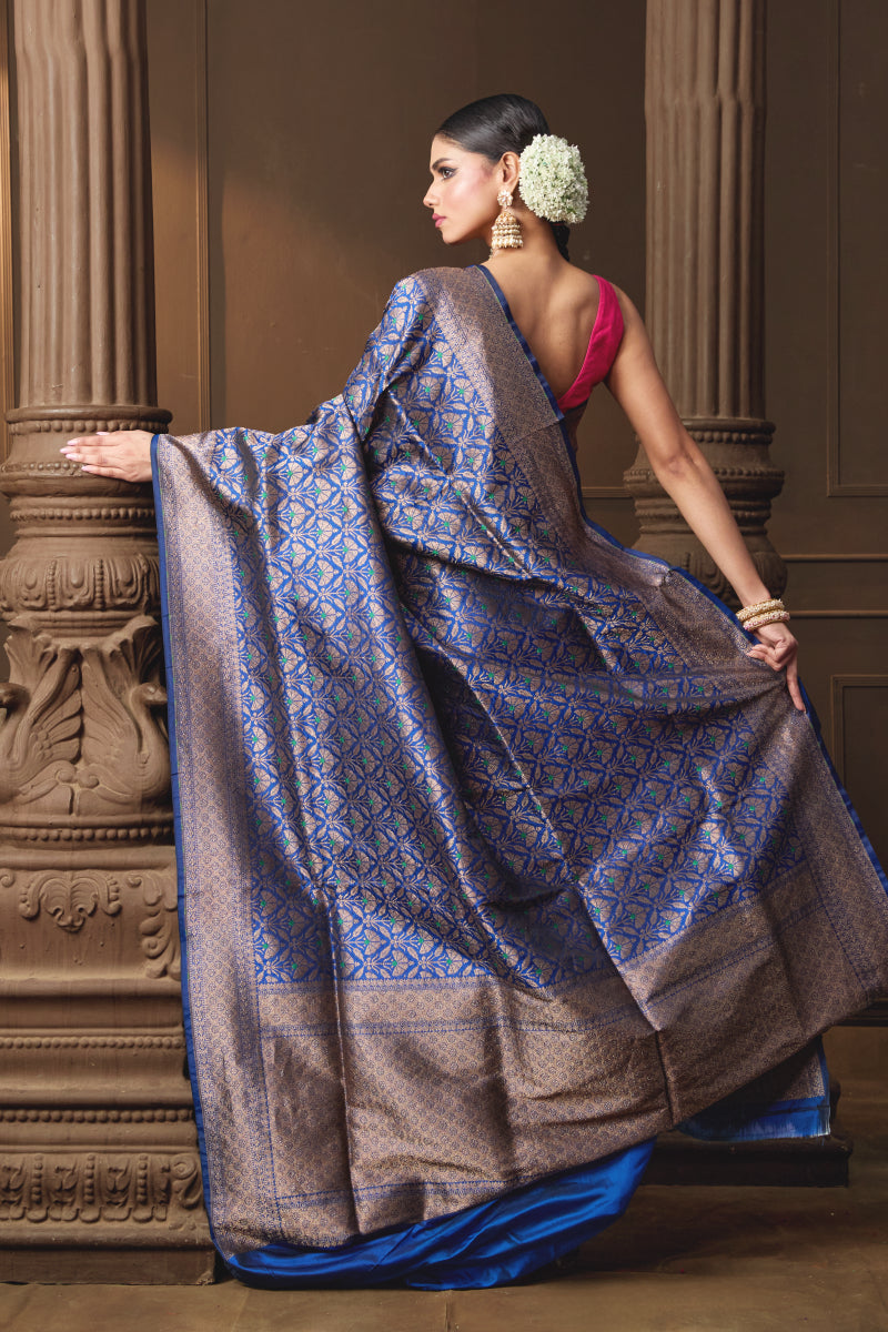 Blue Brocade Meenakari Saree