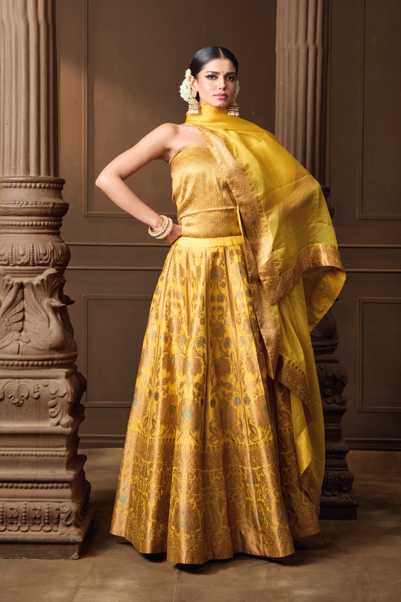 Yellow Banarsi Silk Meenakari Lehenga
