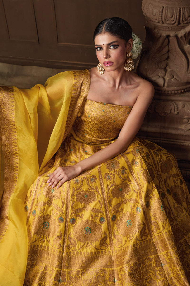 Yellow Banarsi Silk Meenakari Lehenga