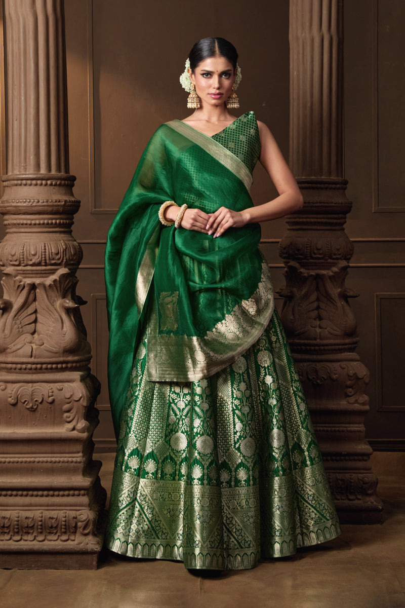 Green Banarsi Silk Lehenga