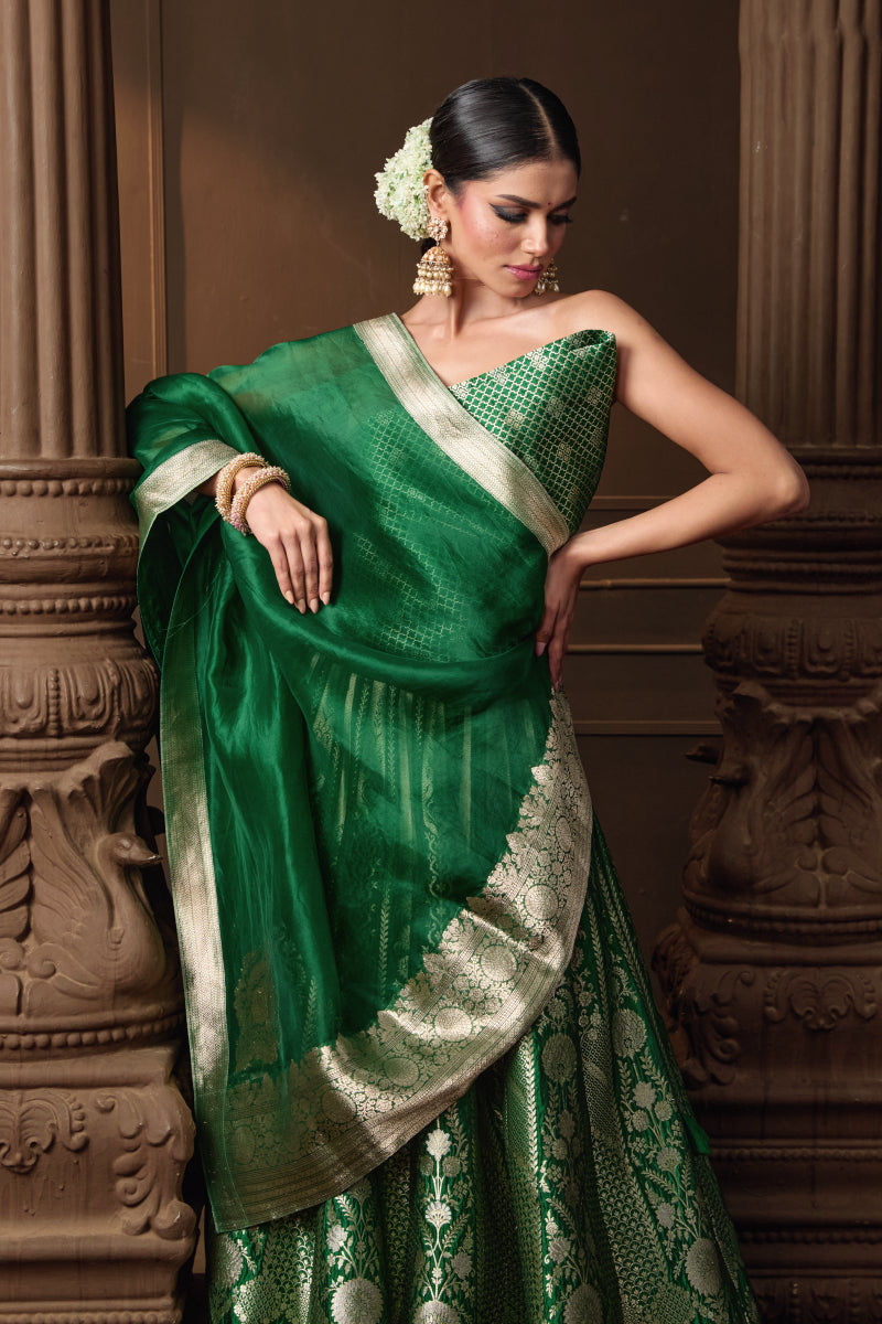 Green Banarsi Silk Lehenga