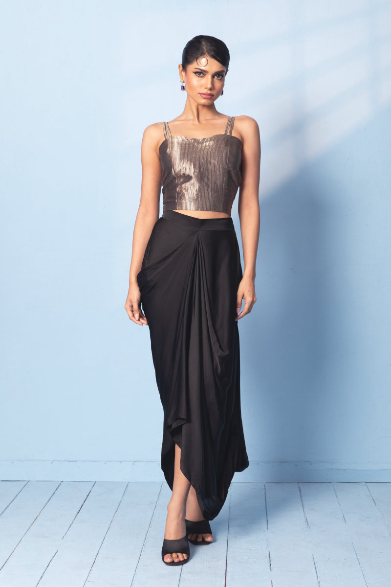 Brocade Corset Top, Satin Drape Skirt, Organza Jacket