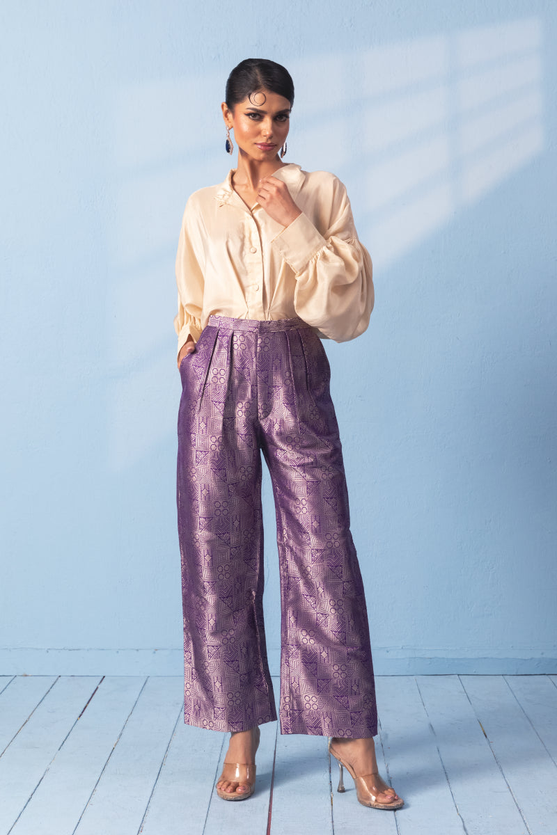 White Silk Shirt With Purple Brocade Pant