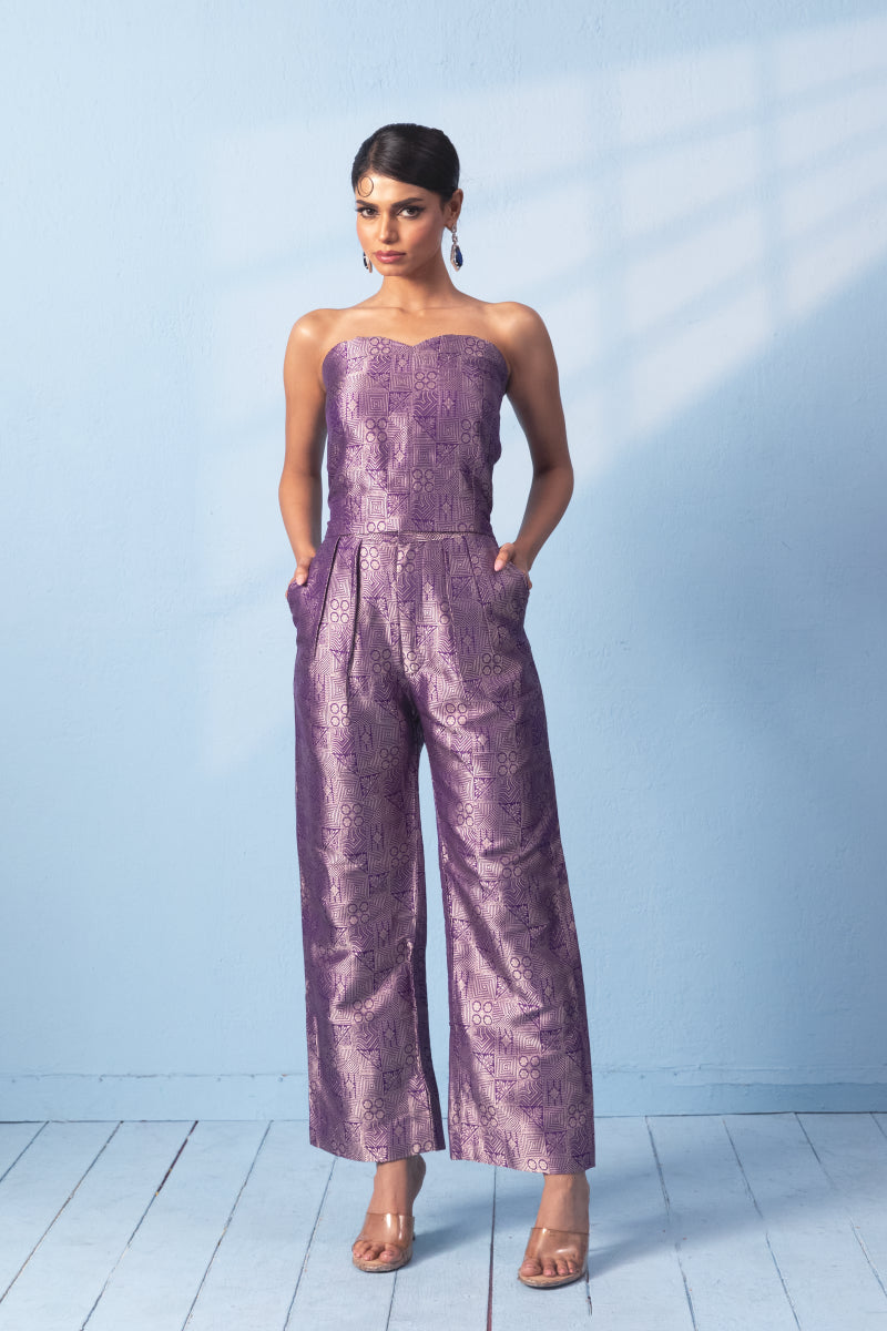 Purple Brocade Corset And Trouser With Organza Jacket