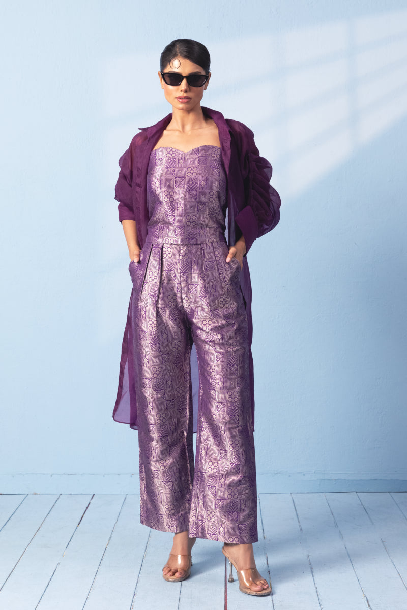 Purple Brocade Corset And Trouser With Organza Jacket