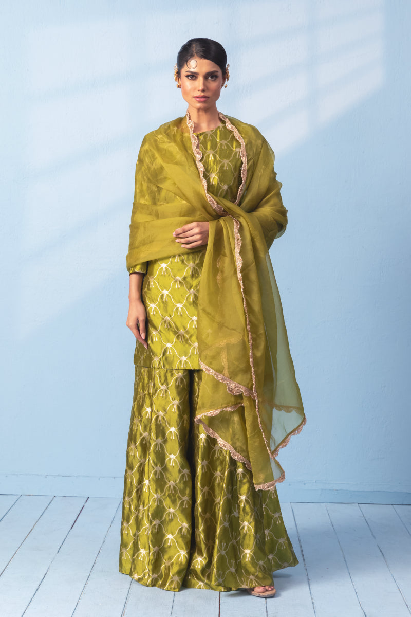 Green Silk Woven Zari Sharara Set With Organza Dupatta