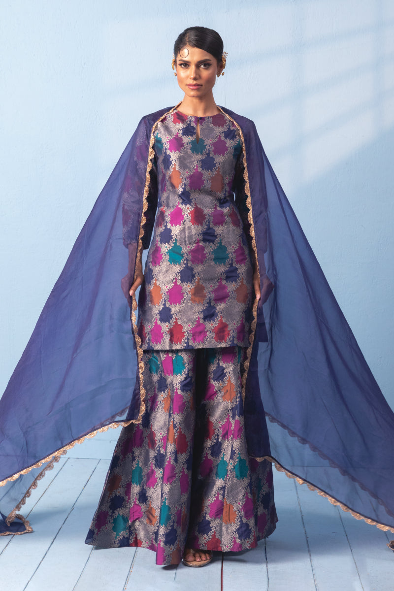 Rangkaat Banarsi Silk Kurta Sharara Set With Organza Duppata