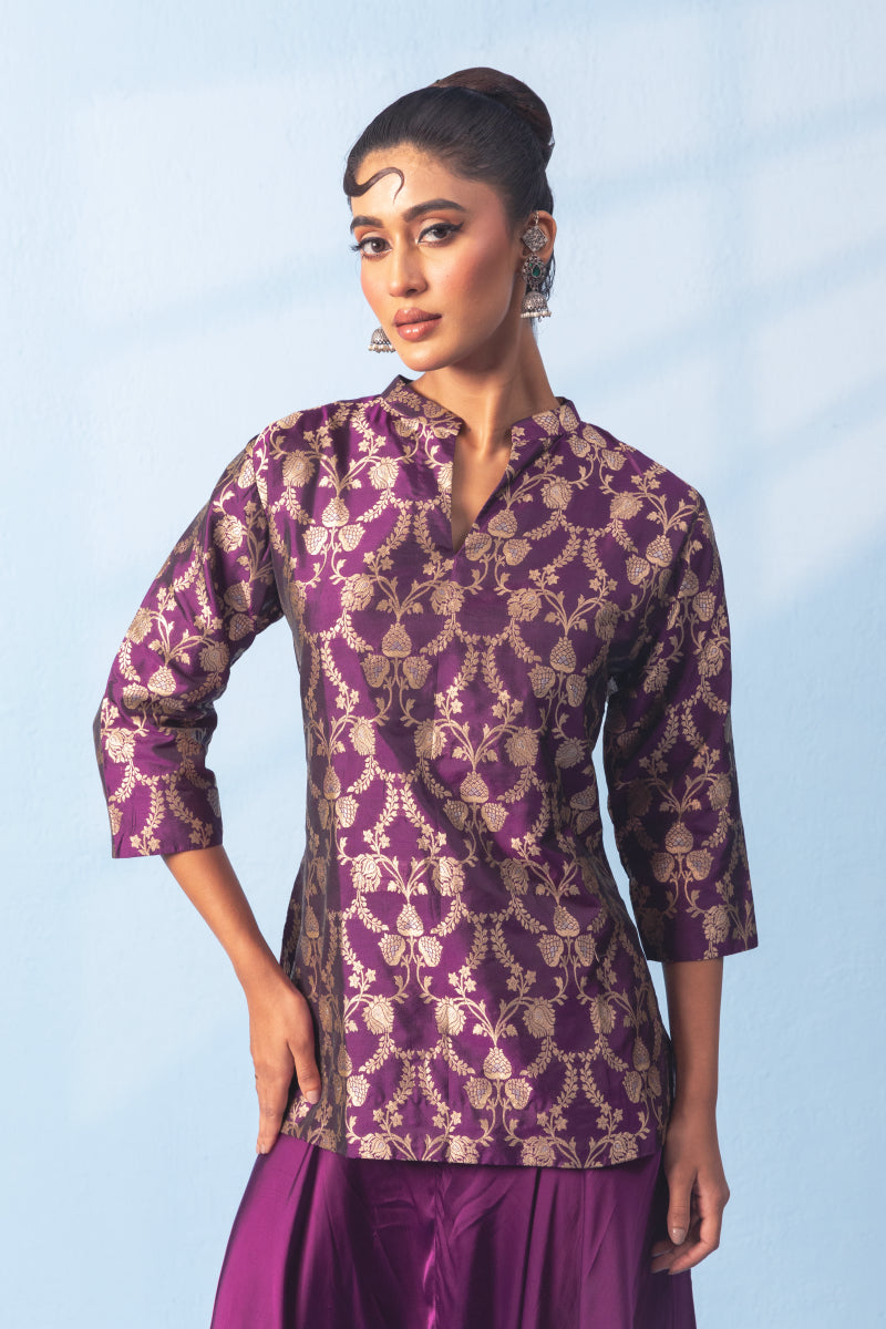 Purple Banarsi Silk Kurta With Draped Pants