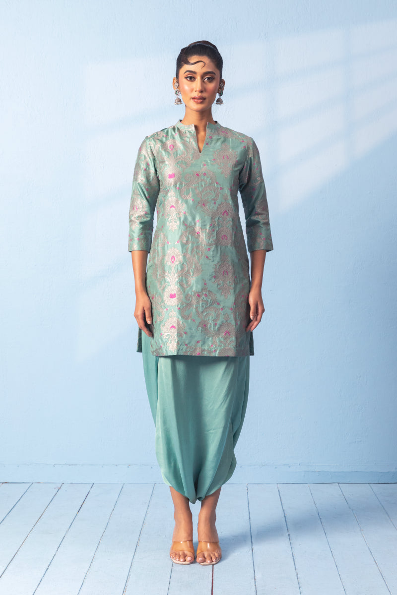 Sea Green Blue Dhoti With Banarsi Silk Kurta