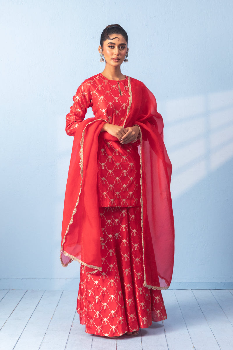 Red Banarsi Silk Zari Sharara Set