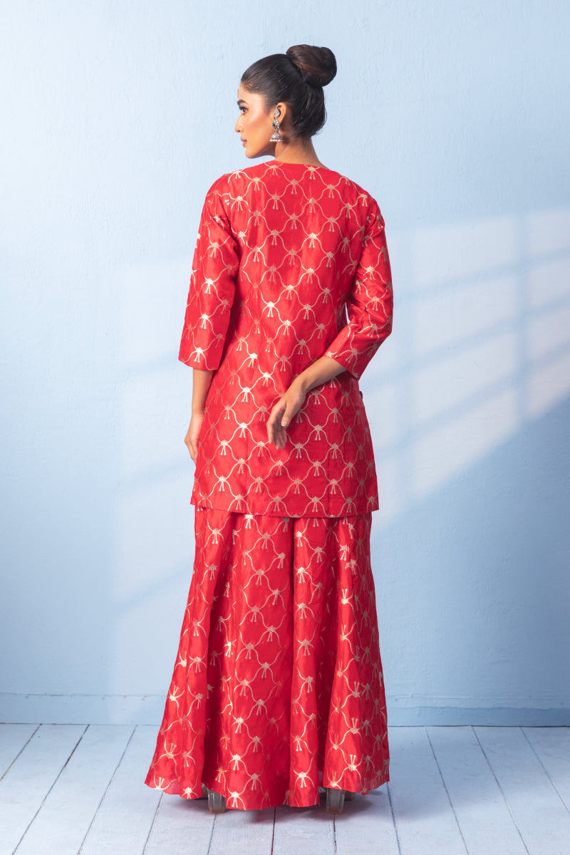 Red Banarsi Silk Zari Sharara Set