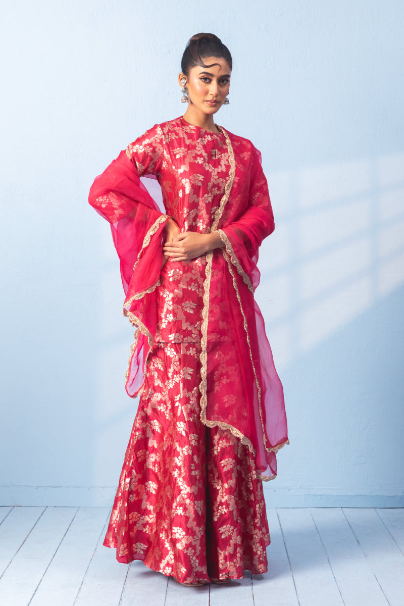 Red Banarsi Silk Zari Sharara Set