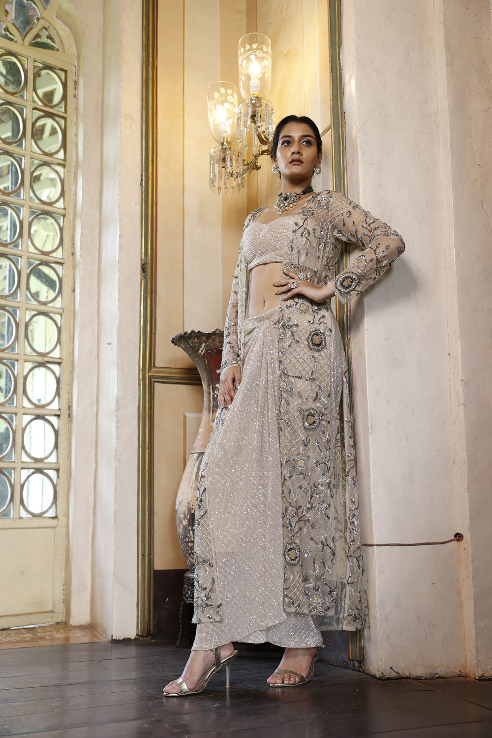 Ivory Embroidered Cape with Pleated Sequins Corset and Draped Skirt