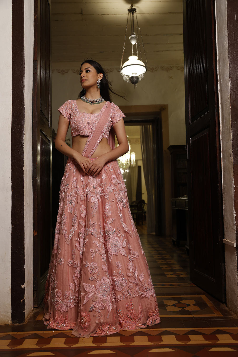 Pink Net Floral Lengha