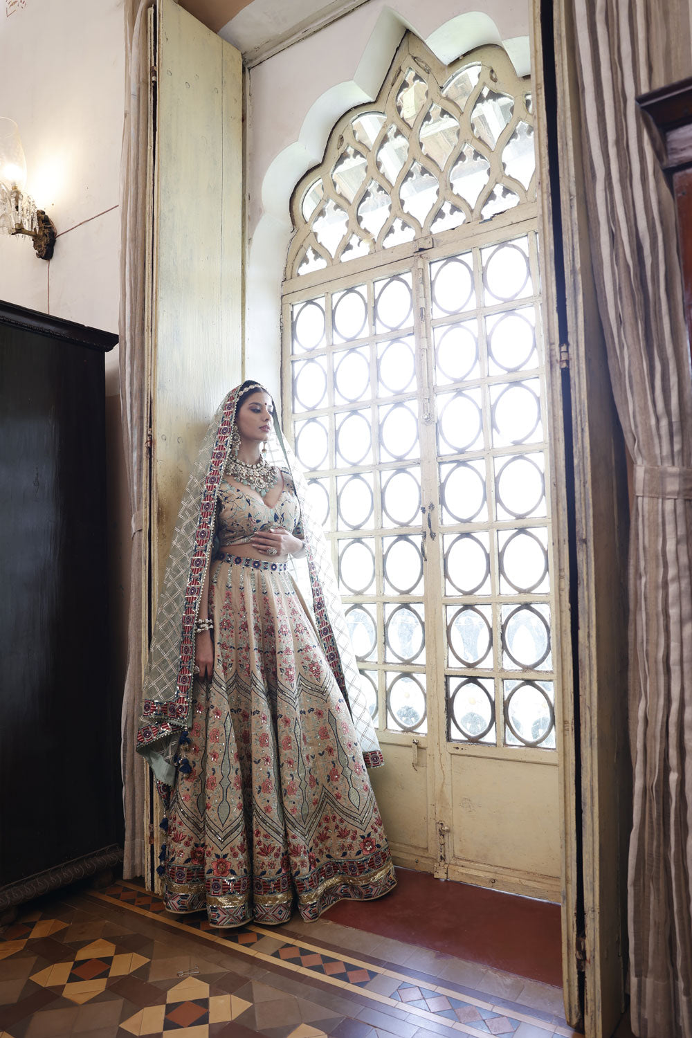 Beige Lehenga with Beige Choli and Sage Dupatta