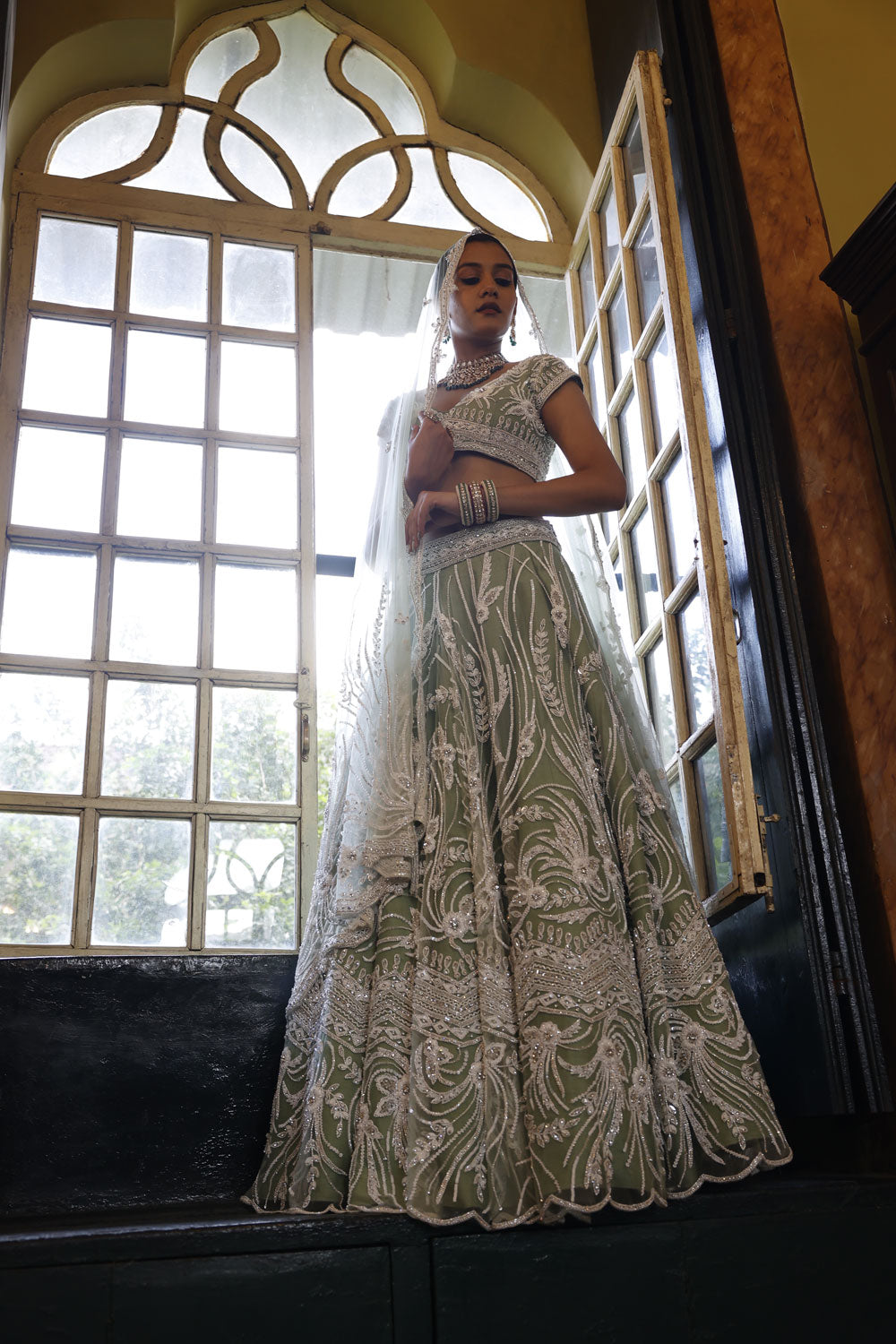 Sage Lehenga, Choli and Dupatta