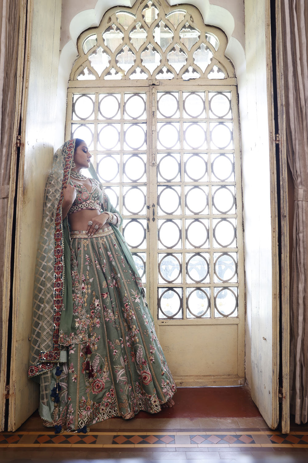 Sage Lehenga, Choli and Dupatta