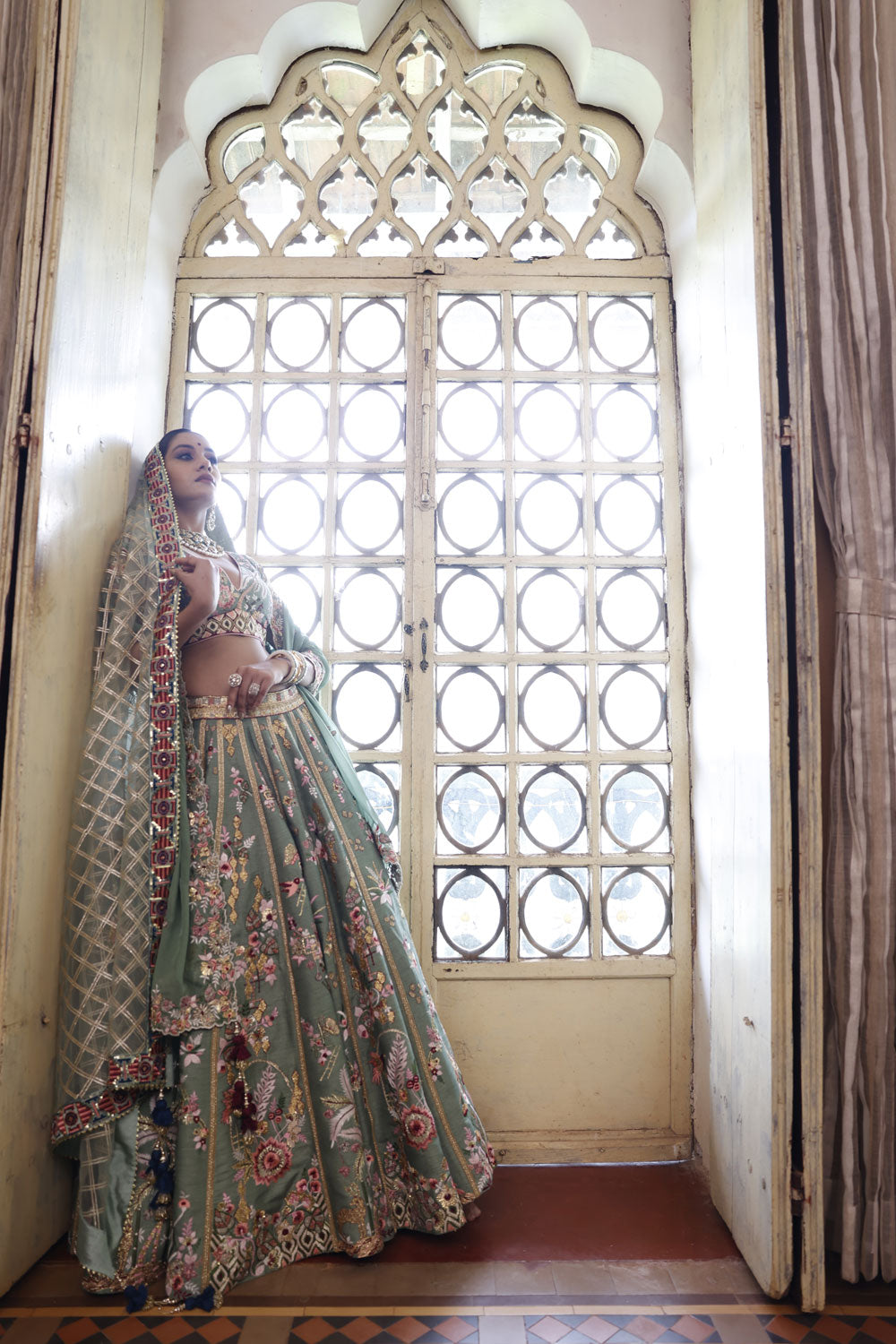 Sage Lehenga, Choli and Dupatta