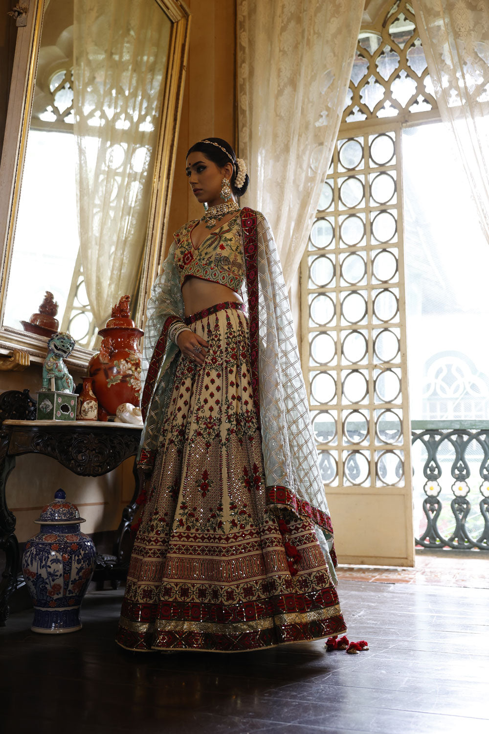 Ivory Kali Lehenga with Choli and Dupatta