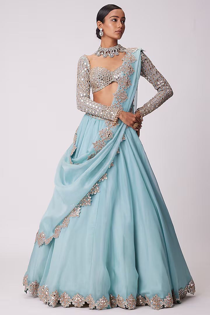 Powder Blue Organza Mirror Embroidered Lehenga Set