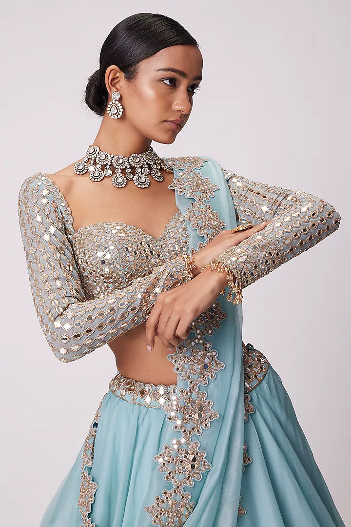 Powder Blue Organza Mirror Embroidered Lehenga Set