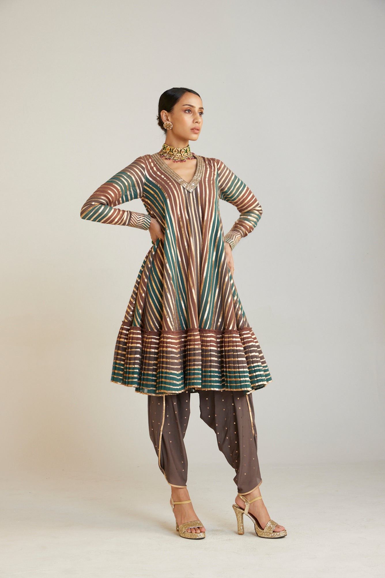 Olive Green V Neck A Line Dhoti Kurta Set