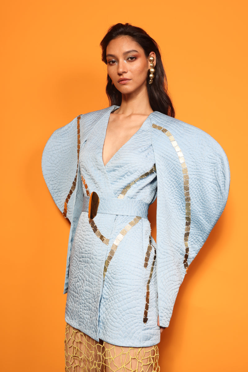 STRUCTURED QUILTED BLAZER + CUTWORK SKIRT