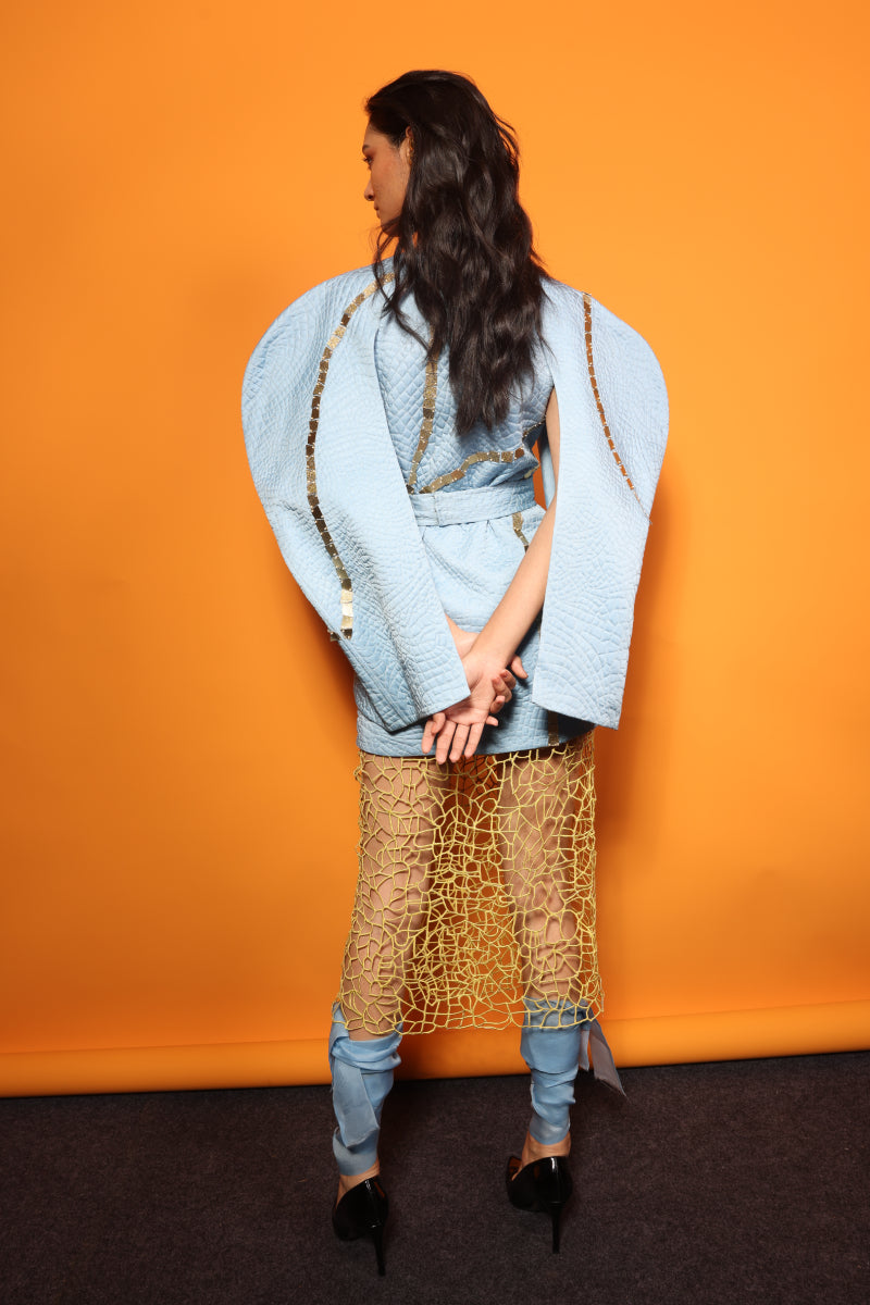 STRUCTURED QUILTED BLAZER + CUTWORK SKIRT