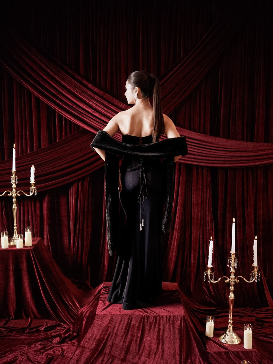 CORSET TOP WITH SKIRT & FUR STOLE