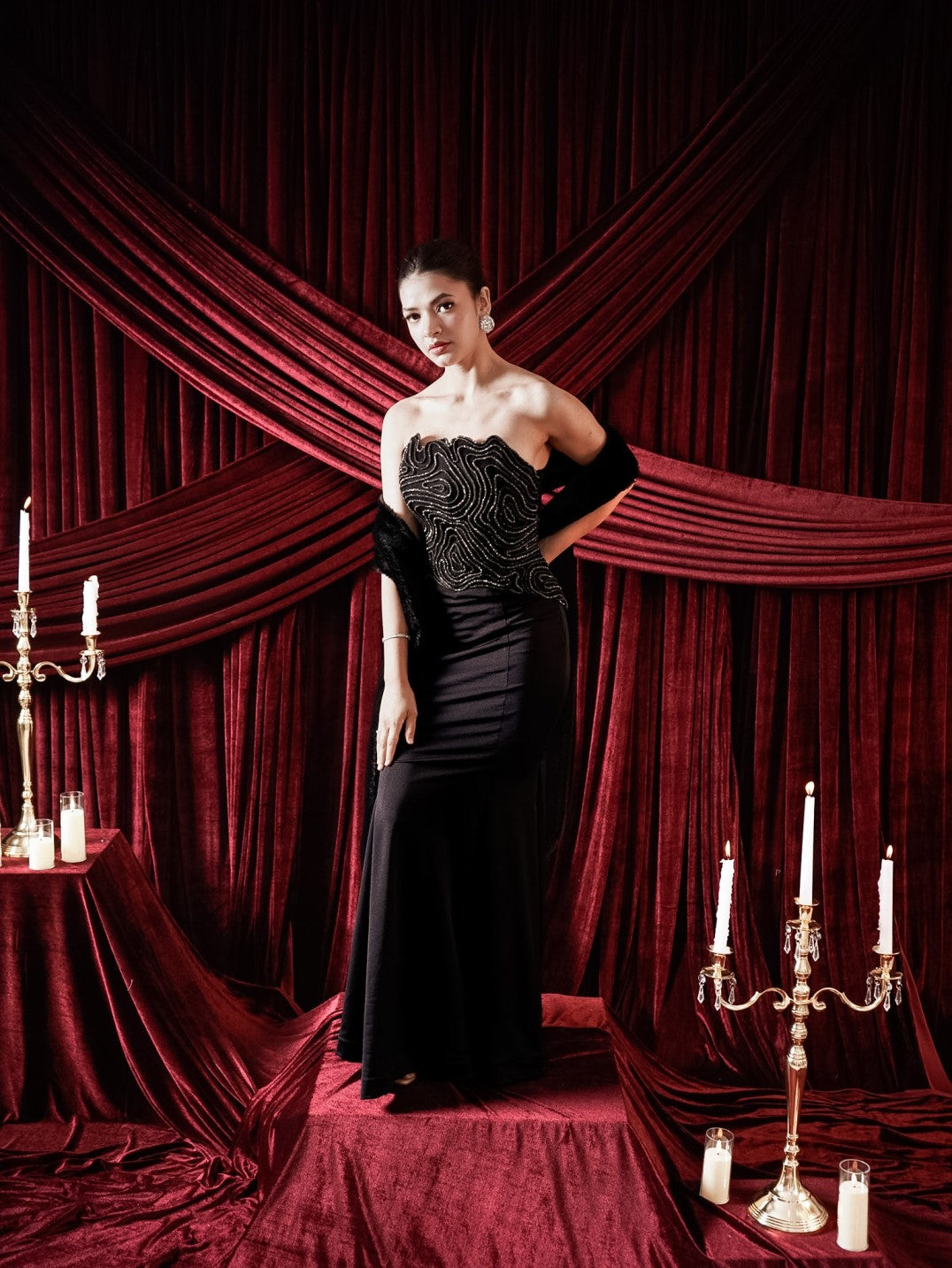 CORSET TOP WITH SKIRT & FUR STOLE